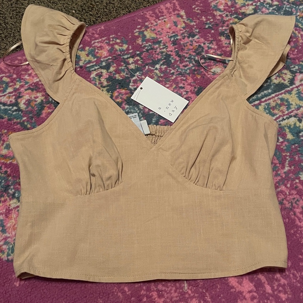 A New Day: Womens Brown Ruffle Sleeve Woven Halter Top